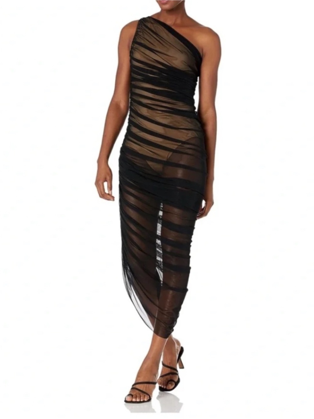 Norma Kamali - Diana Gown - One Shoulder Ruched Sheer Midi Dress - Picture 3 of 8